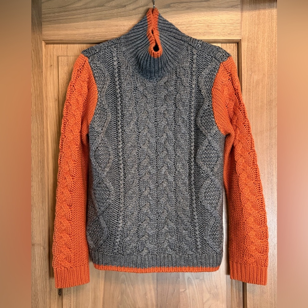 EUC 525 AMERICA Wool/Cashmere Color Block Cable Knit Sweater S Gray/Orange